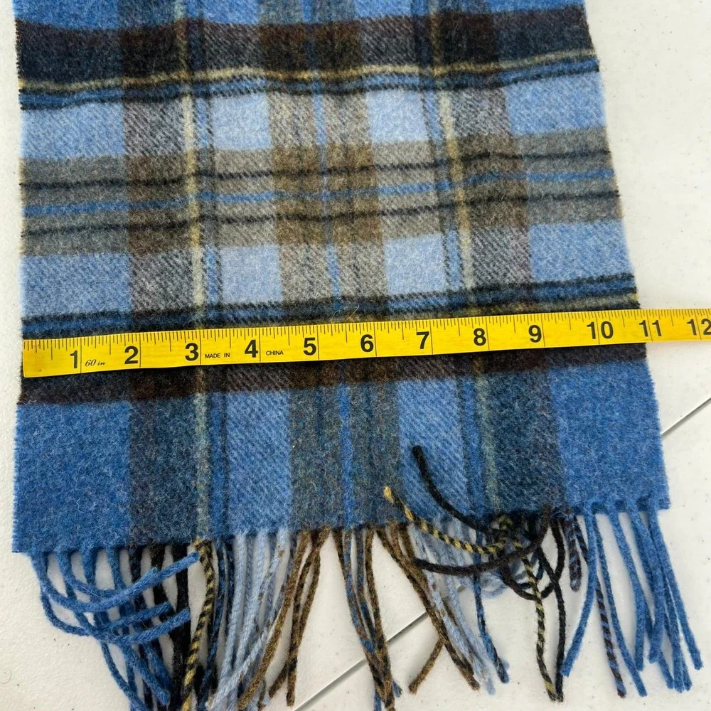 John Hanly 100% Lambswool Scarf Made in Ireland Blue Plaid Fringed Men Accessory